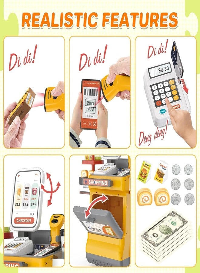 CIRBOX Kids Cash Register Toy Set with Scanner, 48 Pieces Supermarket Playset with Food, Money and Accessories, Yellow-Colour - Image 4